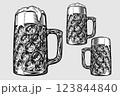 Glass of foamy beer, classic bavarian mug for beer fest in engraving, retro, vintage, woodcut, linocut, black line art. All vector shapes and lines are clear, hand-drawn by human, without tracing. 123844840