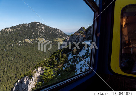 Cog railway window view in the Bavarian Alps on a sunny day in September Cog railway window view in the Bavarian Alps on a sunny day in September 123844873