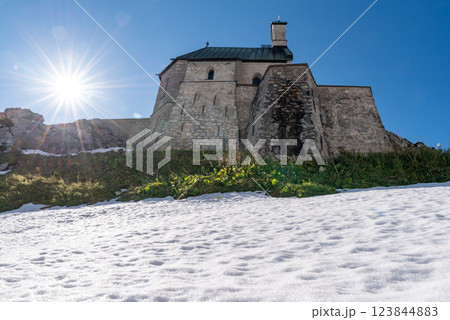 Medieval church on mountaintop in the Bavarian Alps on a sunny day in September Medieval church on mountaintop in the Bavarian Alps on a sunny day in September 123844883