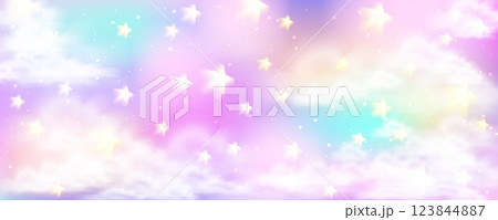 Dreamy pastel unicorn rainbow background with soft clouds and a transparent center. Perfect for fantasy designs, wallpapers, and magical themed projects. 123844887