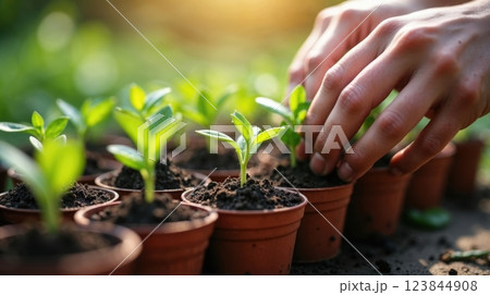 A close-up of a person's hands gently tending a small pots 123844908
