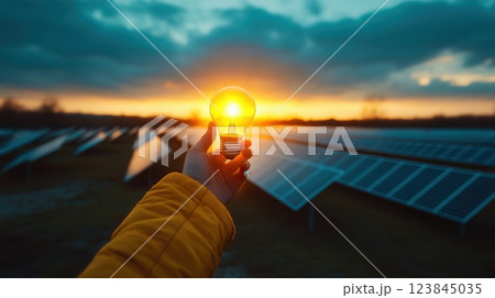 Hand holding illuminated light bulb in front of solar panel farm at sunset 123845035