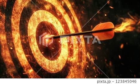 Burning arrow hitting the center of target, concept of business success 123845046