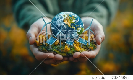 Environmentalist holding miniature earth with solar panels and wind turbines 123845063