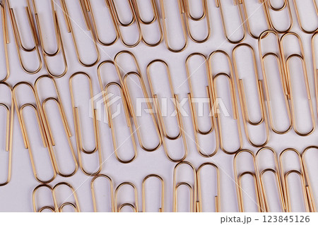 large sized copper paper clips lie on white blank paper large sized copper paper clips lie on white blank paper 123845126