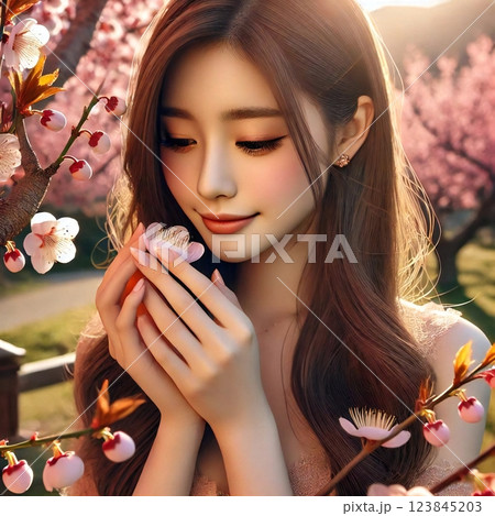そっと手のひらに落ちた梅の花を包み込み、顔に近づけながら優しく微笑んでいる場面を生成 123845203