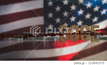 The Doge and coins on USA flag Background 3d Rendering. The Doge and coins on USA flag Background 3d Rendering. 123845373