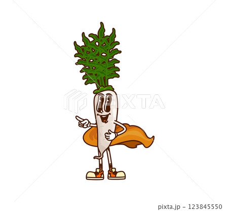 Cartoon groovy daikon radish Halloween wizard vegetable character with playful smile, festive sorcerer cape and trendy hippie sneakers, exuding a sense of y2k retro fun and magic for seasonal holiday Cartoon groovy daikon radish Halloween wizard vegetable character with playful smile, festive sorcerer cape and trendy hippie sneakers, exuding a sense of y2k retro fun and magic for seasonal holiday 123845550
