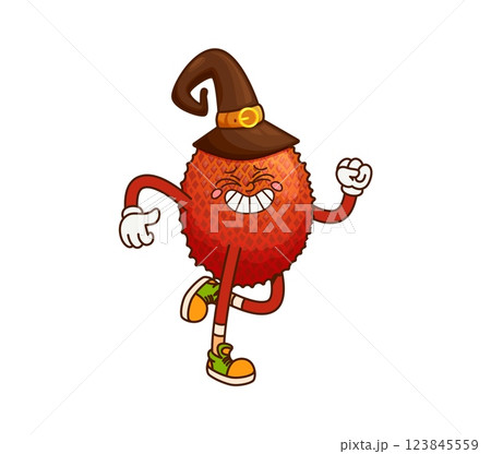 Cartoon groovy lychee Halloween wizard fruit character striking a dance pose, wearing a witch hat, exuding playful and funky Halloween vibes. Isolated vector whimsical tropical fruit wiz personage Cartoon groovy lychee Halloween wizard fruit character striking a dance pose, wearing a witch hat, exuding playful and funky Halloween vibes. Isolated vector whimsical tropical fruit wiz personage 123845559
