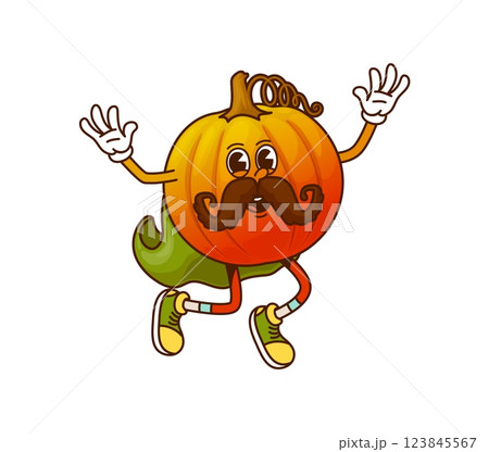 Cartoon groovy pumpkin Halloween wizard vegetable character with a large mustache, playfully waving its arms. Isolated vector veggie retro personage wears green sneakers and has an expressive face 123845567