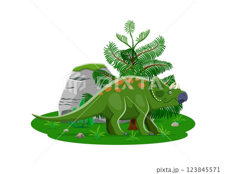 Avaceratops cartoon prehistoric dinosaur character. Isolated vector herbivore friendly dino at lush landscape with ferns, rocks and foliage. Ancient reptile animal at Late Cretaceous era scene Avaceratops cartoon prehistoric dinosaur character. Isolated vector herbivore friendly dino at lush landscape with ferns, rocks and foliage. Ancient reptile animal at Late Cretaceous era scene 123845571