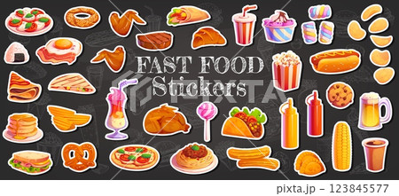 Cartoon fast food stickers pack with burger, pizza and hot dog, fries, milkshake and tacos, popcorn. Chicken, sandwich and pretzel, pancakes, ice cream with coffee, soda, spaghetti and desserts 123845577