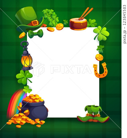 St Patrick day greeting card frame. Cartoon vector rectangular holiday border template surrounded by lucky Irish charms as horseshoe, golden coins, shamrocks, pot of gold, leprechaun hat and boots 123845583