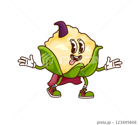 Cartoon groovy Halloween cauliflower wizard vegetable character. Isolated vector wizardly retro personage dressed in warlock robe and pointed hat. Funny healthy veggie necromancer, hippie y2k sorcerer 123845608