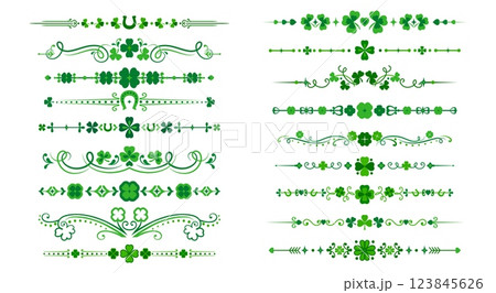 St Patrick day shamrock clover dividers and borders. Vector green Irish trims with green shamrocks leaves, swirls and lucky horseshoe embellishments. Festive ornaments for greetings and invitations 123845626
