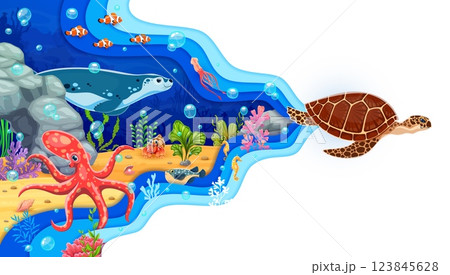 Paper cut underwater landscape with sea turtle, octopus and seal characters between seaweeds, vibrant fish and corals. Cartoon vector ocean, marine life is framed by a wavy blue 3d papercut border 123845628