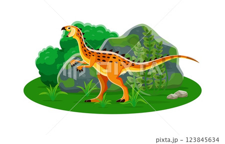 Scutellosaurus prehistoric dinosaur cartoon character. Isolated vector herbivore ancient reptile dino animal in natural environment with green plants. Late Cretaceous era lizard, paleontology science Scutellosaurus prehistoric dinosaur cartoon character. Isolated vector herbivore ancient reptile dino animal in natural environment with green plants. Late Cretaceous era lizard, paleontology science 123845634