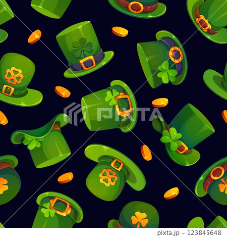 Green leprechaun hats pattern. Cartoon vector seamless tile background. Festive lucky st Patrick day motif with top hats adorned with gold buckles and shamrocks, scattered alongside shiny gold coins Green leprechaun hats pattern. Cartoon vector seamless tile background. Festive lucky st Patrick day motif with top hats adorned with gold buckles and shamrocks, scattered alongside shiny gold coins 123845648