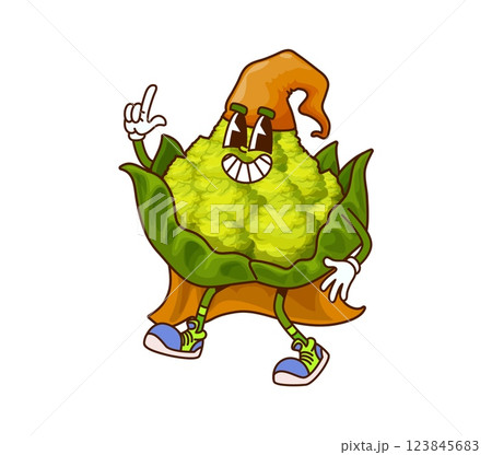 Cartoon groovy Romanesco cabbage Halloween wizard vegetable character. Vector whimsical veg with cheerful smile, fresh green leaves, sorcerer cape and hat, embodies funky and playful festive spirit 123845683