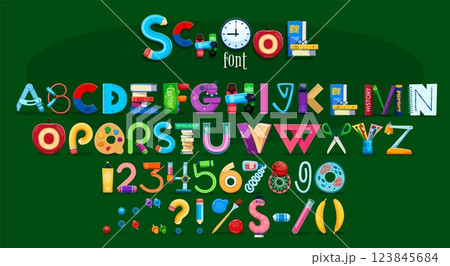 School font, education typeface, abc type, kids English alphabet letters, numbers and signs with educational items such as books, pens, apples and stationery. Funny typeset for children fun learning School font, education typeface, abc type, kids English alphabet letters, numbers and signs with educational items such as books, pens, apples and stationery. Funny typeset for children fun learning 123845684