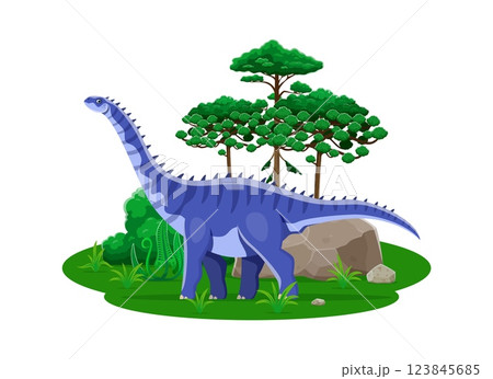 Hypselosaurus prehistoric dinosaur character, genus of titanosaurian sauropod dino that lived during the Late Cretaceous period. Isolated cartoon vector reptile animal at lush landscape with trees 123845685