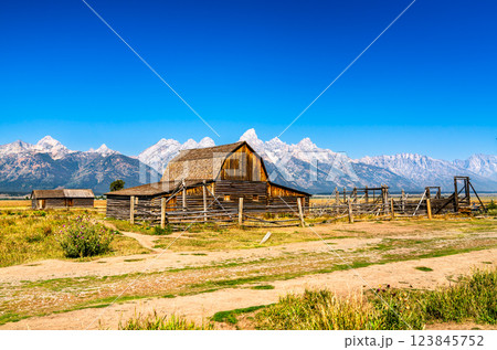 John Moulton barn at Mormon Row in Grand Teton National Park in Wyoming, United States 123845752