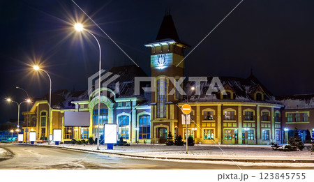 Uzhhorod railway station in Zakarpattia Oblast, Ukraine, on a winter night near the borders of Hungary and Slovakia 123845755
