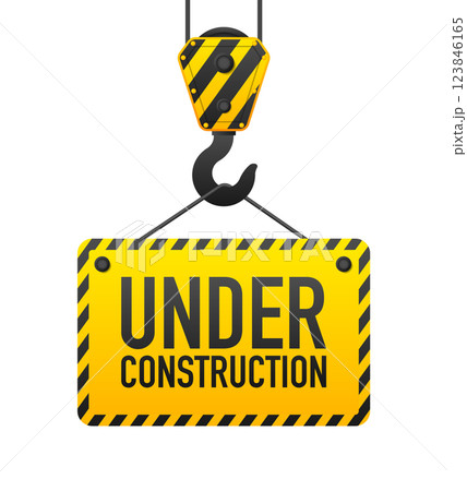 Under Construction banner with lifting hook. 404 error page connection. Website under maintenance banner. Vector illustration. Under Construction banner with lifting hook. 404 error page connection. Website under maintenance banner. Vector illustration. 123846165