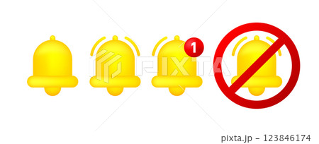 Notification bell 3d icon set. Ringing bell for notification, for alarm clock and alert or new message. For your web site design, logo, app. Vector illustration. 123846174
