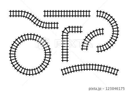 Collection of railroad segments. Rail road elements top view. Train track straight and waved lines isolated on white background. Vector illustration. Collection of railroad segments. Rail road elements top view. Train track straight and waved lines isolated on white background. Vector illustration. 123846175