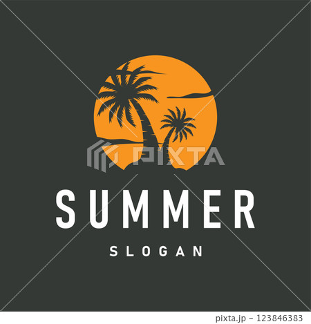 concept with summer beach with palm trees, ocean and sunset logo beach summer illustration template 123846383