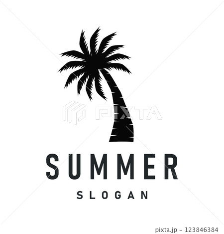 concept with summer beach with palm trees, ocean and sunset logo beach summer illustration template 123846384