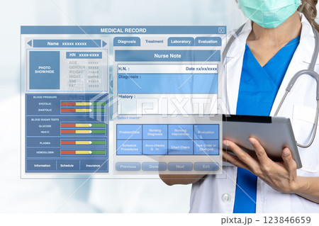Blank medical record screen interface with female doctor holding digital tablet in hands. 123846659
