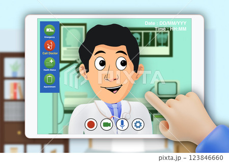 Cartoon graphic of telemedicine on digital tablet via the Internet. 123846660