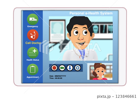 Cartoon graphic of digital tablet showing telemedicine application on screen. 123846661