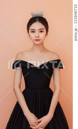 Asian young female wearing crown princess black gown beauty fashion party elegance 123846710