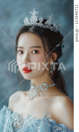 Asian young female wearing crown princess blue gown beauty fashion party elegance 123846711