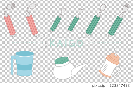 介護の自助具スプーンとフォークとコップと楽のみのイラストセット 介護の自助具スプーンとフォークとコップと楽のみのイラストセット 123847458