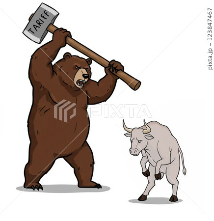 勢いを増すベアと怯むブル 関税によるリセッションの構図 ブルベア シンプルイラスト ベクター風 123847467