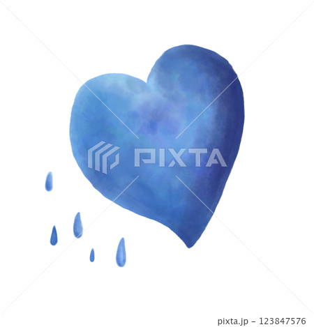悲しそうな青いハートの水彩イラスト 123847576