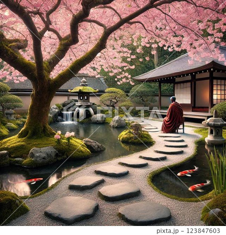 桜のある庭園の風景 桜のある庭園の風景 123847603