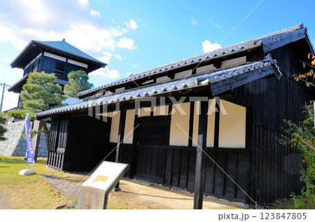 史跡田中城下屋敷 長楽寺村郷蔵と田中城 本丸櫓 123847805