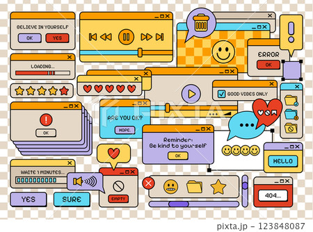Retro style Y2K UI and UX windows elements flat set. Retro frames and computer game elements. Nostalgic style of 80s, 90s. Cartoon Old computer screen. Retro vector windows Vaporwave. Retro style Y2K UI and UX windows elements flat set. Retro frames and computer game elements. Nostalgic style of 80s, 90s. Cartoon Old computer screen. Retro vector windows Vaporwave. 123848087