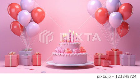 カラフルなケーキ、ギフトとバルーン カラフルなケーキ、ギフトとバルーン 123848724