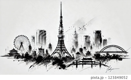 墨絵で描く東京の都市風景 / Tokyo Cityscape in Sumi-eのイラスト素材
