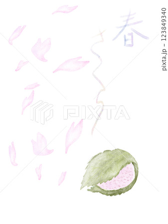 水彩風の桜餅とさくらのイラスト。文字 123849340