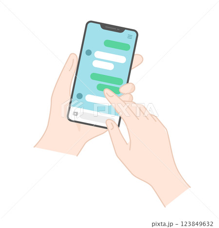 スマホでSNSアプリのトーク画面をチェックする手のアイコン・イラスト (フラットデザイン) 123849632