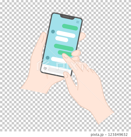 スマホでSNSアプリのトーク画面をチェックする手のアイコン・イラスト (フラットデザイン) 123849632