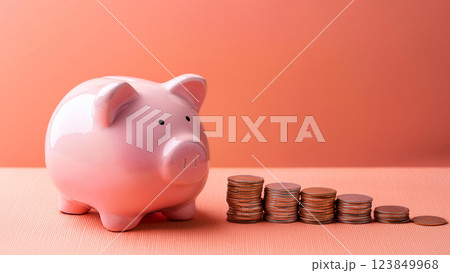 豚の貯金箱と硬貨のアップ、貯金するイメージ 豚の貯金箱と硬貨のアップ、貯金するイメージ 123849968