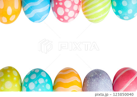 PNG, Easter, set of painted Easter eggs, with space for text, isolated on white background 123850040
